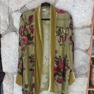 Floral Velvet burnout with velvet Trim kimono style blouse - Olive and Burgundy